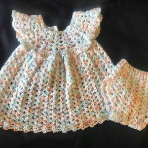 Crocheted multi-color baby dress with diaper cover